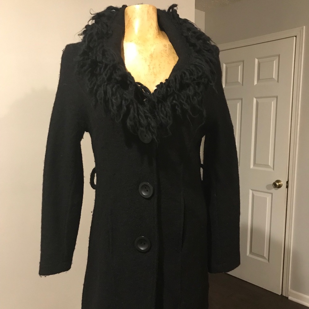 Black Wool Long Coat with Woolly Collar